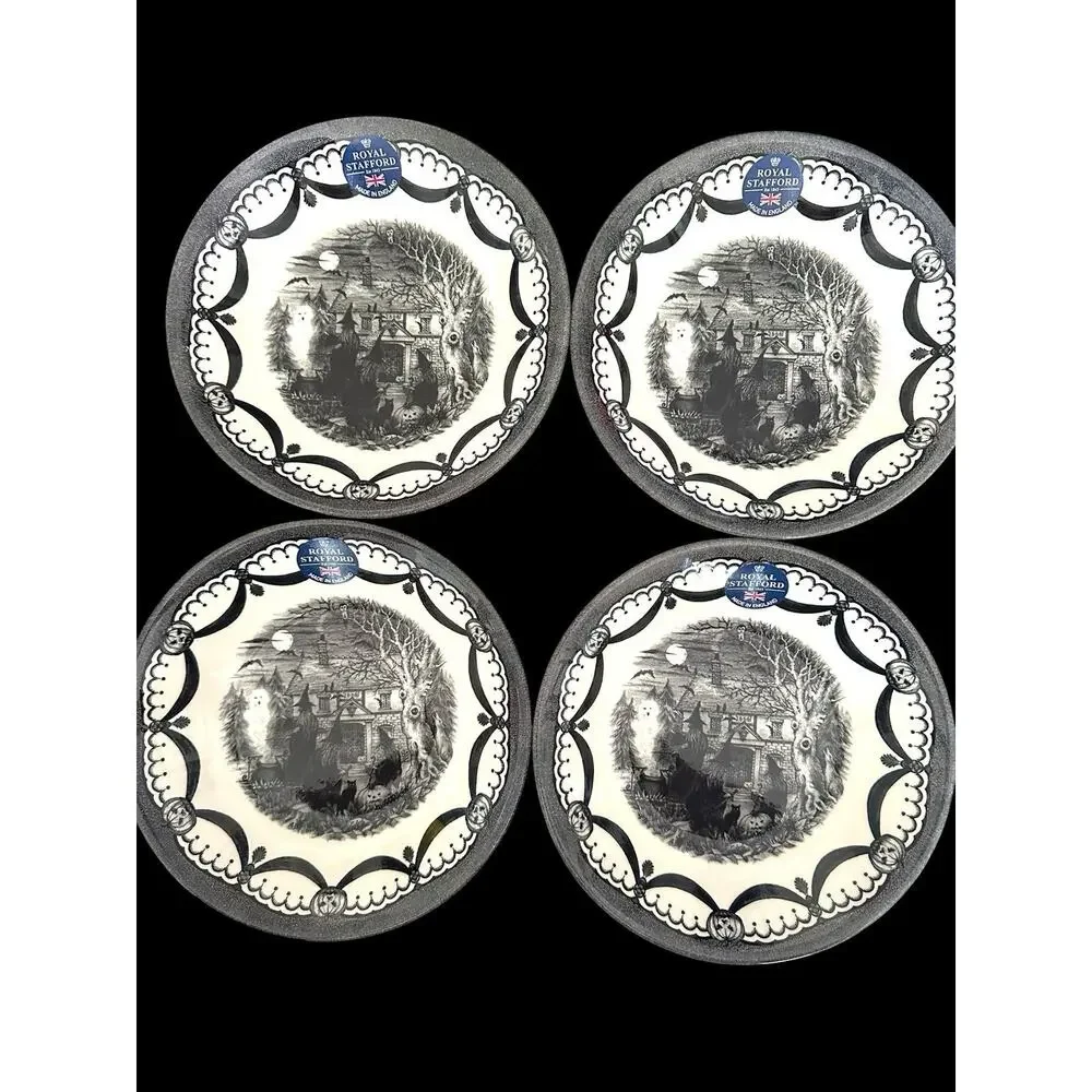 4 Royal Stafford Spookeyville Witches Coven Black Cat 8.5” Salad Plates NWT